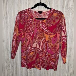 Talbots Red and Pink Paisley Cardigan